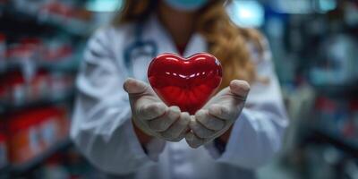 A female healthcare professional in a lab coat holds a red heart symbol, symbolizing care and compassion. photo