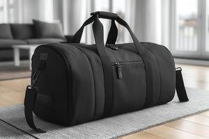 A sleek, black duffel bag resting on a soft gray rug in a modern living space, exuding elegance and functionality. photo