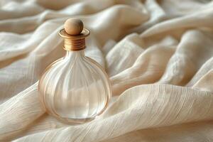Elegant transparent perfume bottle with a wooden cap, resting on soft, creamy fabric. photo