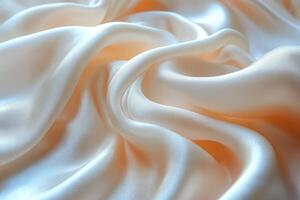 Close-up of luxurious cream satin fabric showcasing its smooth, flowing texture and soft sheen. photo