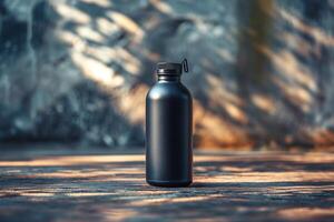 A sleek black stainless steel water bottle stands alone, illuminated by warm sunlight creating intricate shadows on the surface. photo