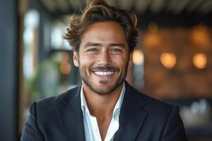 A smiling young Caucasian man in a tailored suit, embodying confidence and charisma in a stylish setting. photo