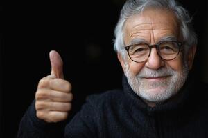 Smiling older man giving a thumbs up with a cheerful expression on his face against a dark background. photo