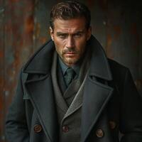 Handsome Caucasian man in a stylish dark coat and scarf, exuding confidence with an intense expression against a rustic backdrop. photo
