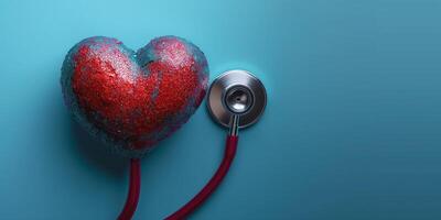 A vibrant heart sculpture in bright red and blue colors rests next to a metallic stethoscope, symbolizing health and wellness. photo
