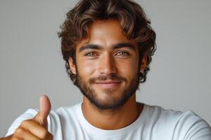 A smiling Middle-Eastern man with curly hair gives a thumbs-up, exuding confidence and positivity against a neutral background. photo