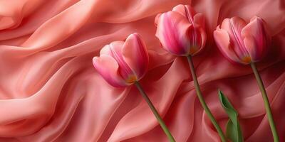Delicate pink tulips gracefully placed on soft, flowing peach fabric. photo