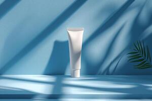Minimalist skincare product on a blue background, complemented by gentle shadows and tropical leaf accents. photo