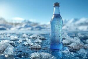 A refreshing blue water bottle standing on an icy surface, surrounded by crystal-clear water droplets. photo