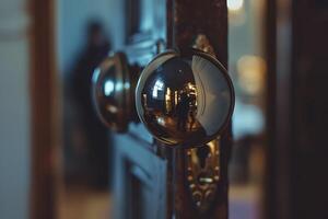 A close up of a door knob with a reflection of a person photo