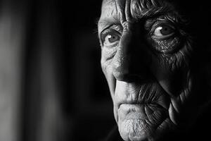 An old man with wrinkles and wrinkles looking at the camera photo