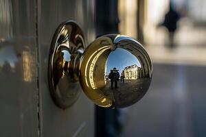 A reflection of a person in a door knob photo