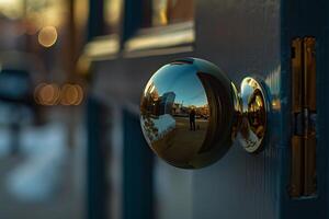 A door knob with a reflection of a person photo