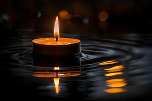 A candle is lit in the water with a reflection photo
