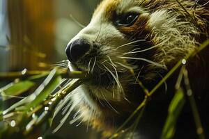 A close up of a red panda eating a bamboo branch photo