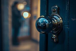 A door knob with a reflection of a person in the background photo