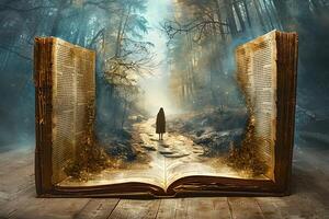 An open book with a person walking through it photo