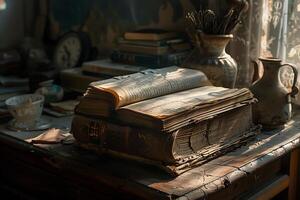 A table with books and a vase on it photo