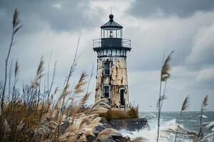 A lighthouse is surrounded by tall grass and waves photo