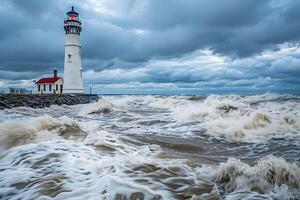 A lighthouse is surrounded by waves on a cloudy day photo