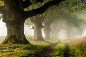 A path that is lined with trees and grass photo
