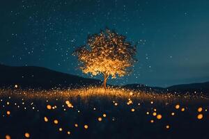 A tree with fireflies in the sky photo