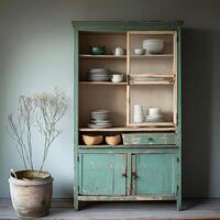 A green cabinet with plates and bowls on it photo