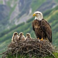 A bald eagle with her young on a nest photo
