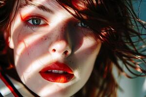 A woman with freckles and red lipstick photo