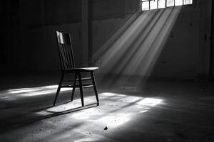 A chair in an empty room with sunlight shining through the window photo