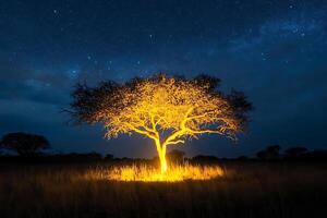 A lone tree in the middle of a field at night photo