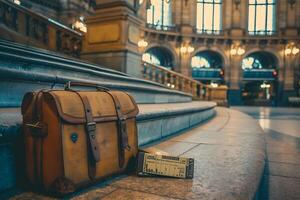 A suitcase sitting on a stone floor in front of a building photo