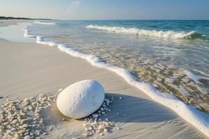 A white egg on the beach with shells photo