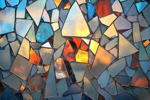 A colorful mosaic of broken glass with a sunset in the background photo
