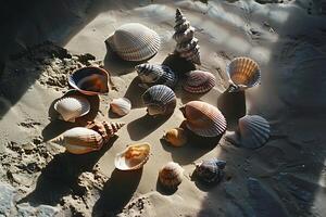 A group of shells on a beach photo