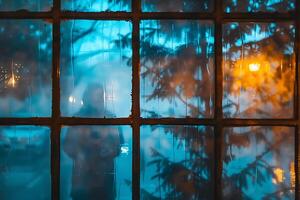 A person standing in front of a window with a tree in the background photo