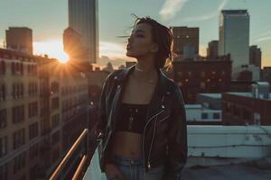 A woman in a leather jacket standing on a rooftop with the sun setting photo