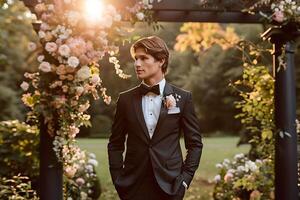A man in a tuxedo standing in front of a floral arch photo