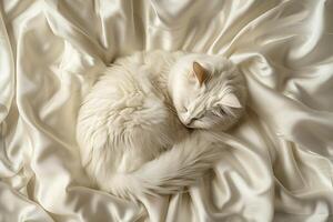 A white cat curled up on a white sheet photo