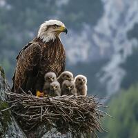 A bald eagle with her young on a nest photo