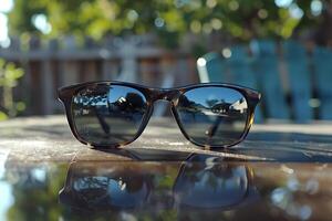 A pair of sunglasses with a reflection of the trees in the background photo
