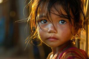 A little girl with long hair and blue eyes photo