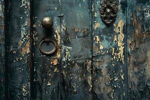 A door with peeling paint and a metal knocker photo