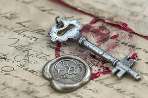 old key and wax seal on an old letter photo