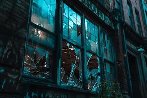 Broken windows in a building at night photo