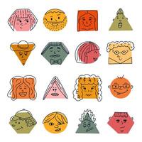 Cute colorful comic faces icon set with different emotions in geometric shapes. Hand drawn crayon caricature emoticons with various feelings. Outline humor characters isolated on white background. vector