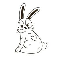 Lovely black and white Easter bunny with heart fur blob on back, turned around with joyful face. Funny hand drawn fuzzy rabbit for poster, card, web. Doodle sign of religious springtime holiday vector