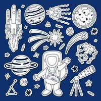 Cute line doodle sticker set about space and universe for planners, notebooks. Ready for print list of childish stickers with cosmonaut, rocket, telescope, the Sun, celestial bodies. Diary decoration. vector