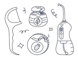 Lovely outline doodle set of dental floss and irrigator for gum care and interdental hygiene. Trendy hand drawn teeth strings in container, holder, electronic water flosser. Stomatology tool isolated. vector