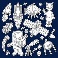 Cute doodle sticker set about space and astronomy for planners, notebooks. Ready for print list of childish stickers with clipart of astronaut, asteroid, rocket, satellite, alien. Diary decoration. vector